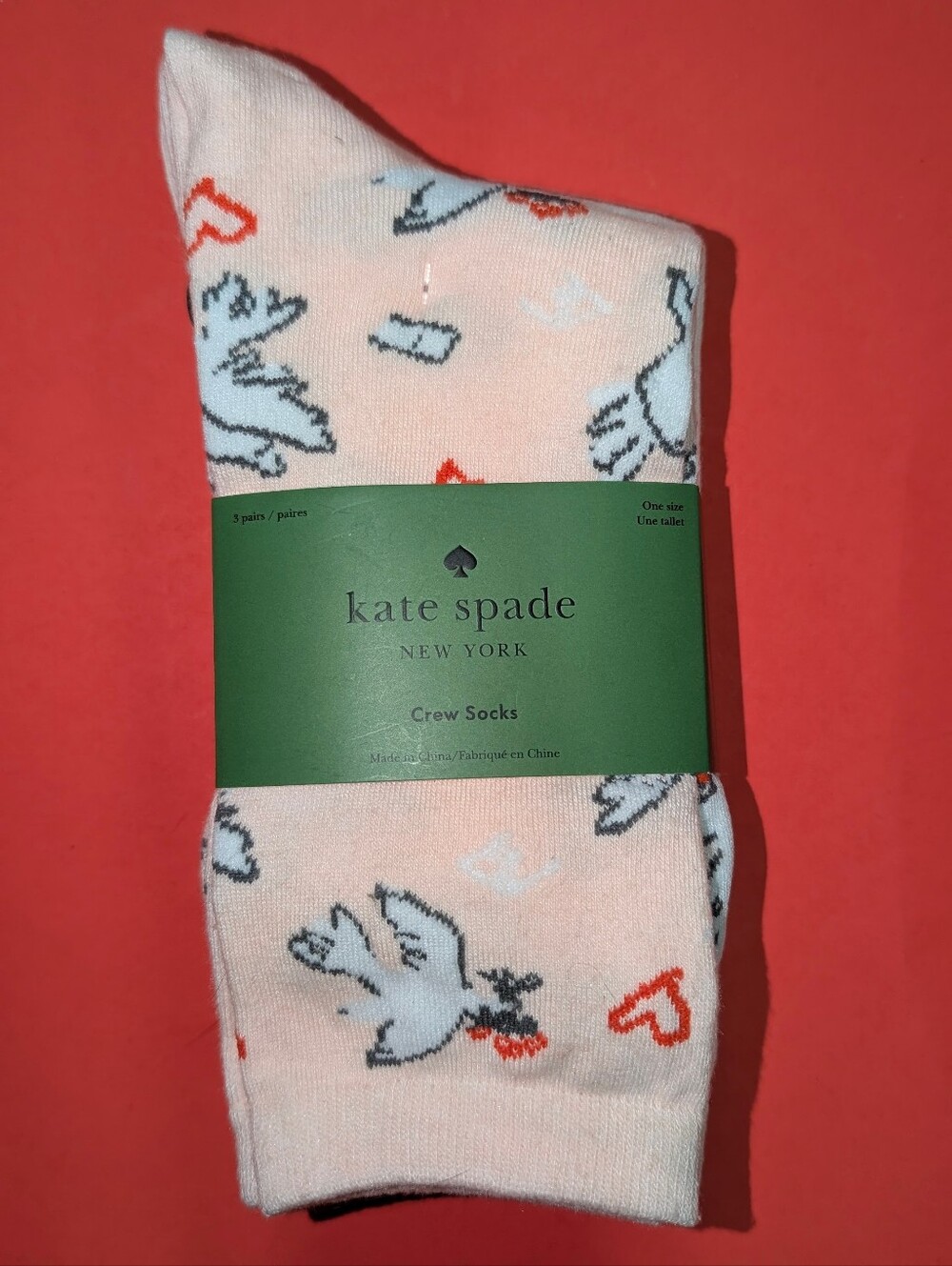 NWT Kate Spade New York Crew Socks 3-Pack Pink Cupid Dove Heart Valentine Rare